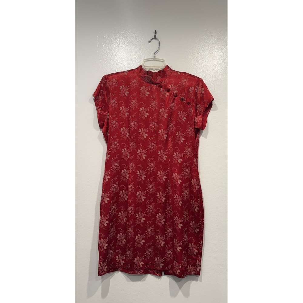 Vintage Knapp Studio California Satin Asian Inspired Red Floral Dress 90s Grunge